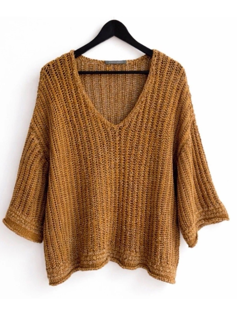 Alberta Ferretti 100% Linen Metallic Open Knit V Neck Sweater Italy US 6 IT 42